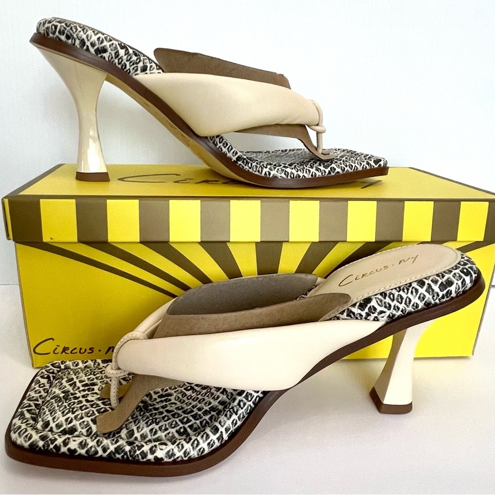 Circus by Sam Edelman Square Toe Mules Ivory & Snakeskin 3 inch Heel Size 8,5
